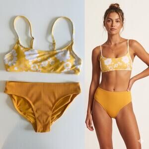 Yellow Daisy Floral Bikini Top & Ribbed High-Waist Bottoms Set - Medium